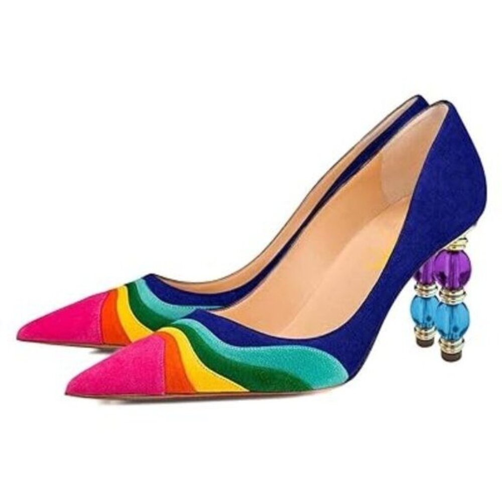 FOWT Women Wave Pattern Pointed Toe Slip On Party Pumps Jewelry High Heel